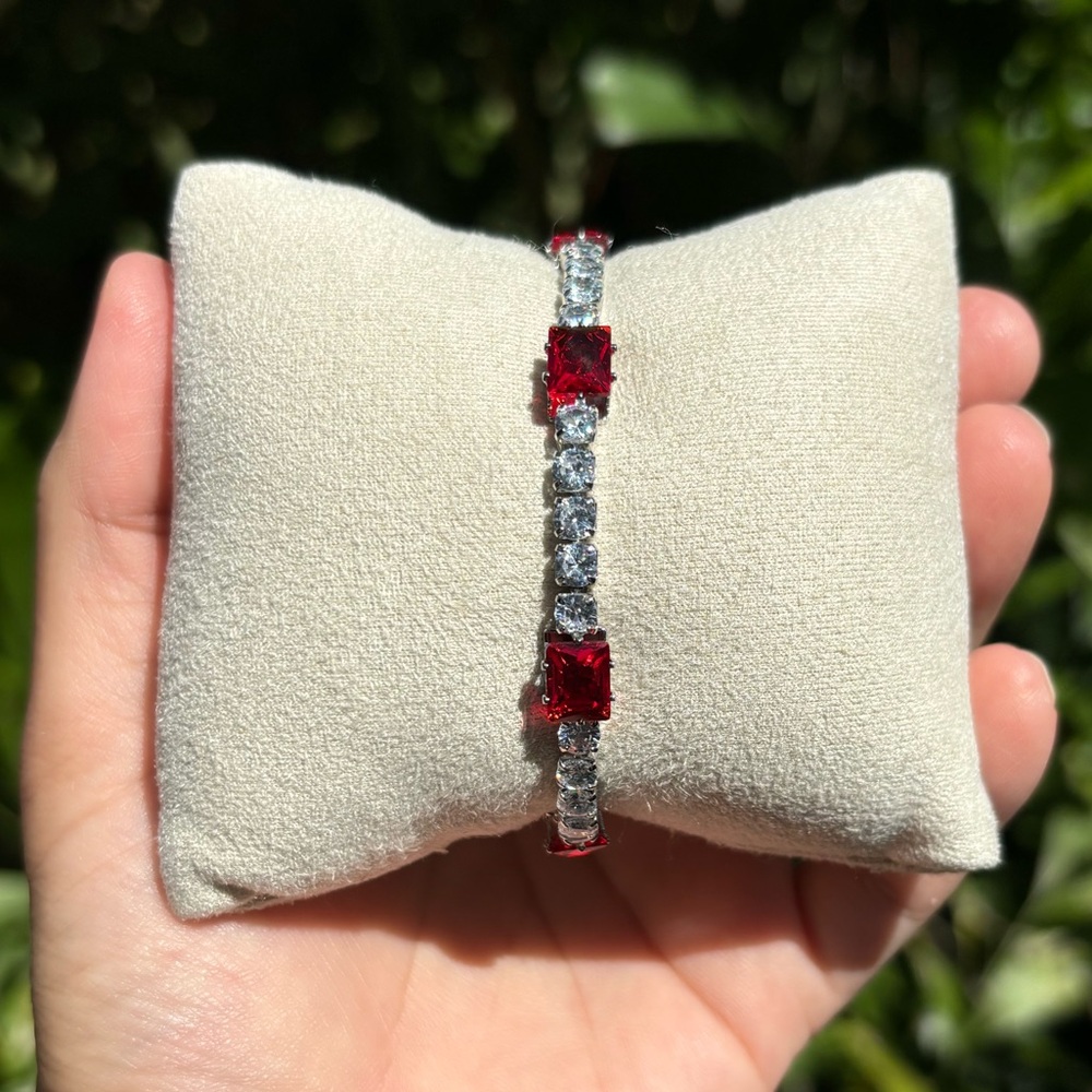18K White Gold Plated Stainless Steel Ruby Red Diamond Tennis Bracelet